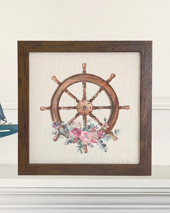 Watercolor Floral Ship Wheel - Framed Sign