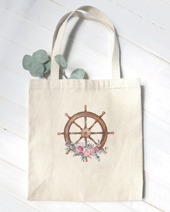 Watercolor Floral Ship Wheel - Canvas Tote Bag