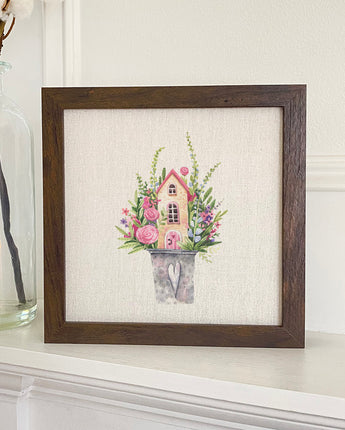 Floral Pail Fairy House - Framed Sign