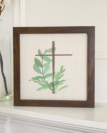 Cross with Leaves - Framed Sign