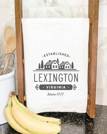 Simple Houses w/ City, State - Cotton Tea Towel
