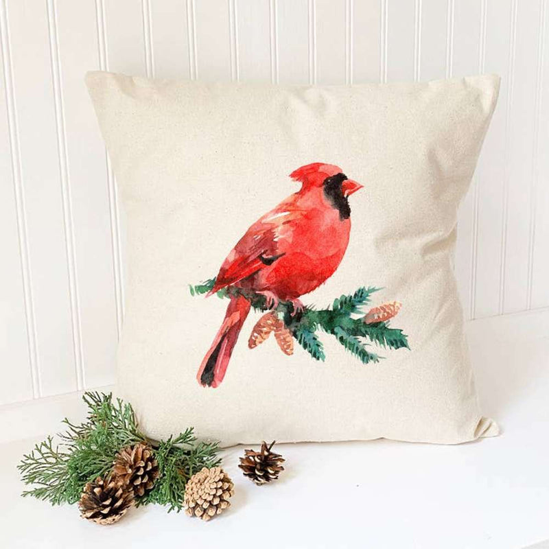 Cardinal on an Evergreen Branch - Square Canvas Pillow