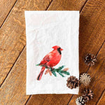 Cardinal on an Evergreen Branch - Cotton Tea Towel