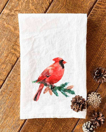 Cardinal on an Evergreen Branch - Cotton Tea Towel