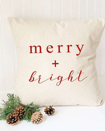 Merry + Bright Script - Christmas Canvas Pillow