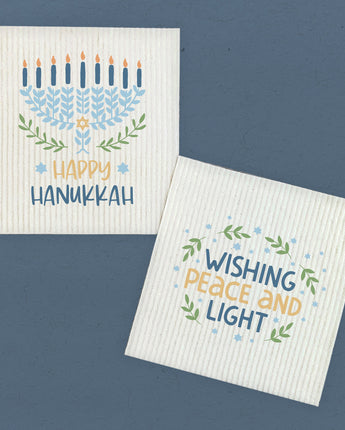 Wishing Peace and Light, Happy Hanukkah 2pk - Swedish Dish Cloth