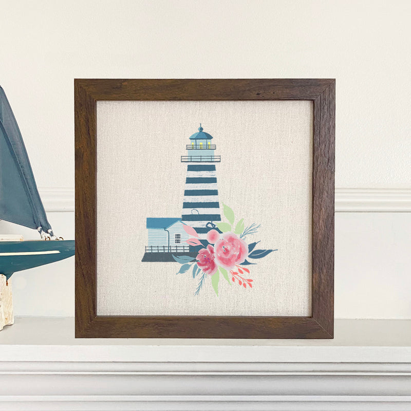 Floral Striped Lighthouse - Framed Sign