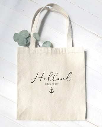 Script City and State with Anchor - Canvas Tote Bag