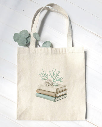 Coastal Book Stack - Customizable Canvas Tote Bag