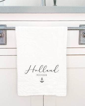 Script City and State with Anchor - Cotton Tea Towel