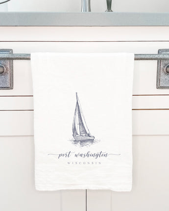 Sailboat w/ City, State - Cotton Tea Towel