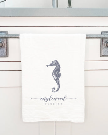 Seahorse w/ City, State - Cotton Tea Towel