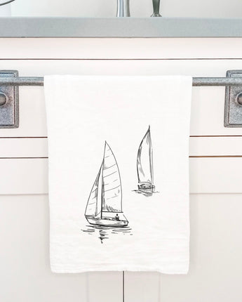 Sketched Sailboats with Sailor - Cotton Tea Towel