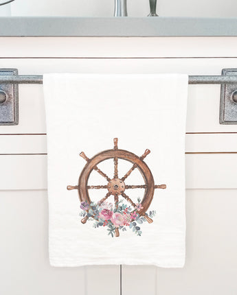 Watercolor Floral Ship Wheel - Cotton Tea Towel