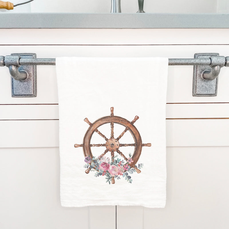 Watercolor Floral Ship Wheel - Cotton Tea Towel