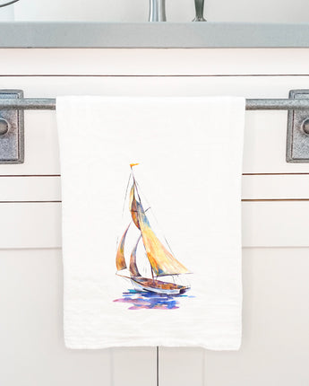 Watercolor Sailboat (Orange) - Cotton Tea Towel