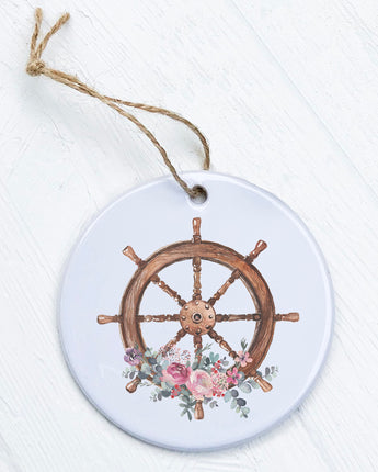 Watercolor Floral Ship Wheel - Ornament