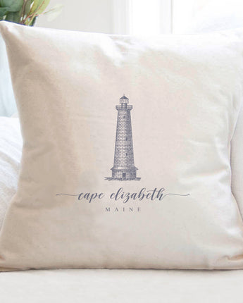 Lighthouse w/ City, State - Square Canvas Pillow