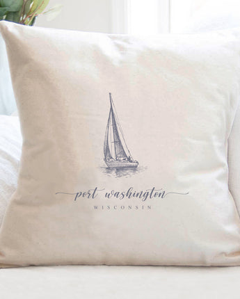 Sailboat w/ City, State - Square Canvas Pillow
