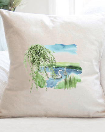 Watercolor Pond Scene (Swan) - Square Canvas Pillow