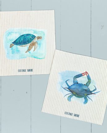Watercolor Sea Turtle, Crab 2 pk - Swedish Dish Cloth