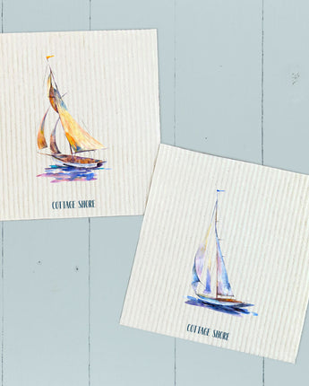 Watercolor Sailboat Orange, Blue 2 pk - Swedish Dish Cloth