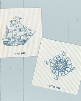 Hand Drawn Ship, Compass 2 pk - Swedish Dish Cloth