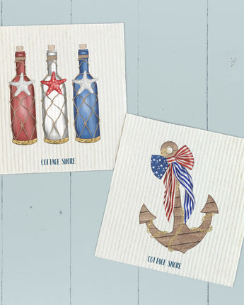 Patriotic Bottles, Anchor with Flag Bow 2 pk - Swedish Dish Cloth