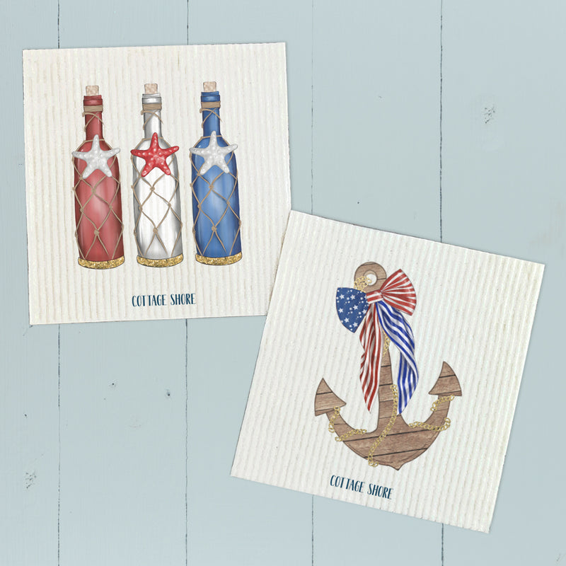 Patriotic Bottles, Anchor with Flag Bow 2 pk - Swedish Dish Cloth