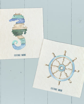 Coastal Wood Seahorse and Ship Wheel 2pk - Swedish Dish Cloth