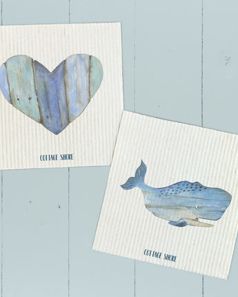 Coastal Wood Whale and Heart 2pk - Swedish Dish Cloth