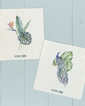 Peacock with Monstera, Tropical Plants 2pk - Swedish Dish Cloth