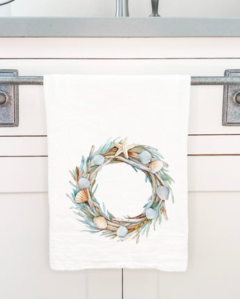 Seashell Driftwood Wreath - Customizable Cotton Tea Towel