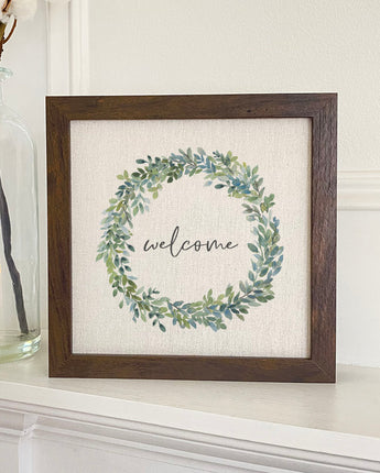 Welcome Boxwood Wreath - Framed Sign