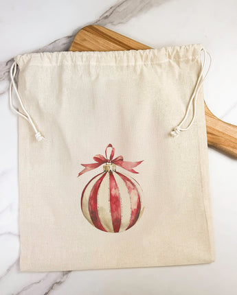 Red and White Stripe Ornament - Customizable Cotton Cinch Bag