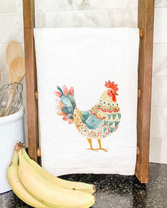 Red and Blue Folk-Art Chicken - Patriotic Cotton Tea Towel