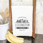 Simple Houses w/ City, State - Cotton Tea Towel