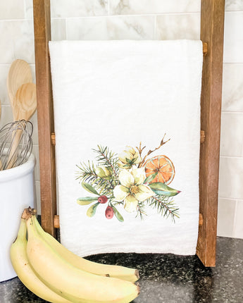 Poinsettia Holly and Orange Bouquet - Cotton Tea Towel