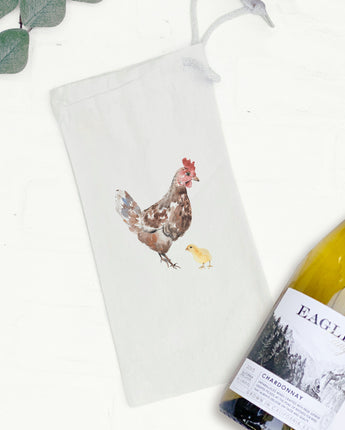 Watercolor Hen with Chick - Canvas Wine Bag