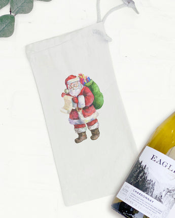 Santa with List - Canvas Wine Bag