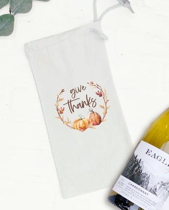 Give Thanks Pumpkin Wreath - Canvas Wine Bag