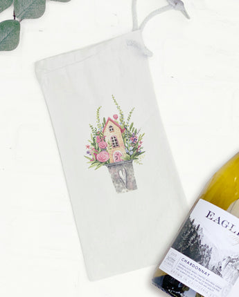Floral Pail Fairy House - Canvas Wine Bag