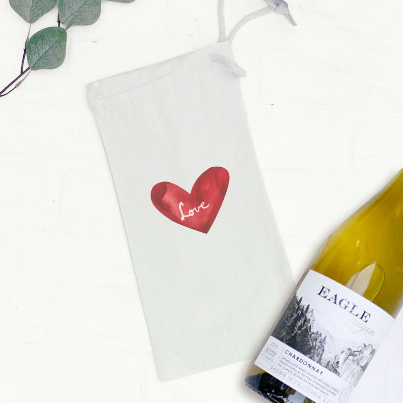 Watercolor Love Heart Red - Canvas Wine Bag
