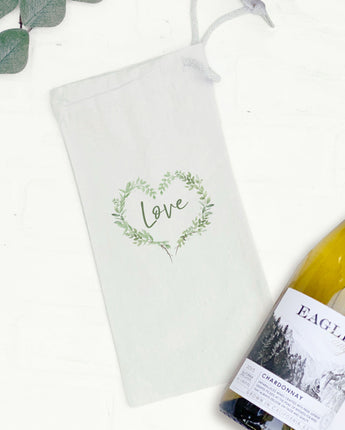 Love Greenery Heart Wreath - Canvas Wine Bag