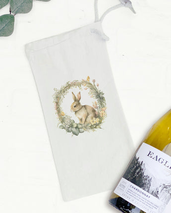 Muted Bunny Wreath - Canvas Wine Bag