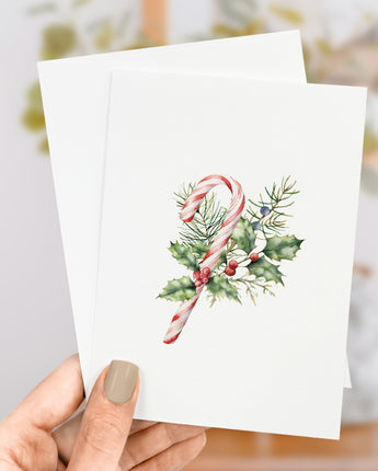 Candy Cane with Holly - Greeting Card