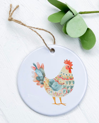 Red and Blue Folk-Art Chicken - Patriotic Ornament