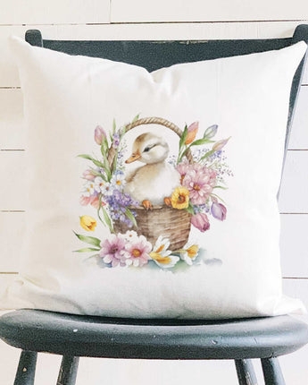 Duckling in Flower Basket - Square Canvas Pillow