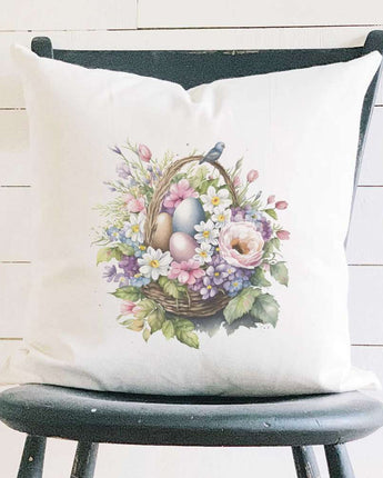 Watercolor Floral Basket and Eggs - Square Canvas Pillow