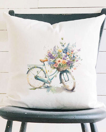 Watercolor Floral Bike - Square Canvas Pillow